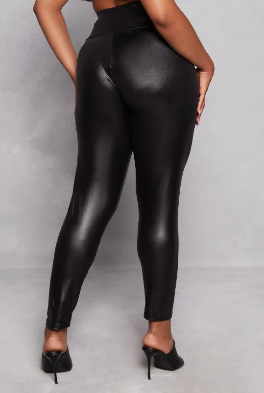 Plus Size Solid Faux Leather High Waist Leggings