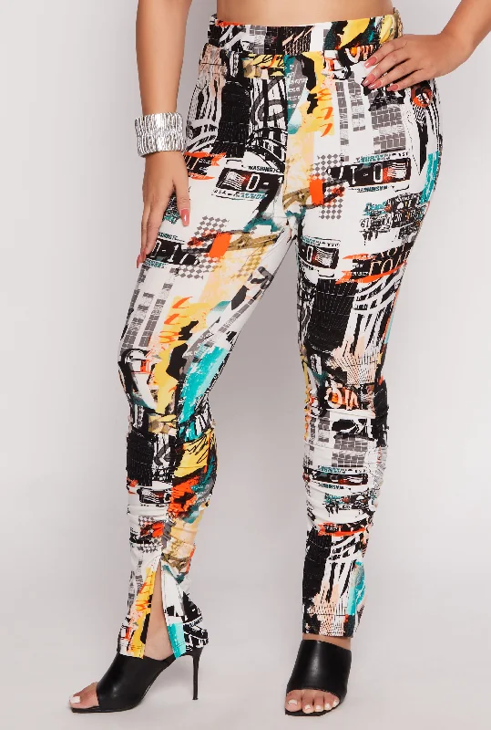 Plus Size Printed High Waisted Split Hem Pants