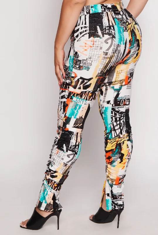 Plus Size Printed High Waisted Split Hem Pants