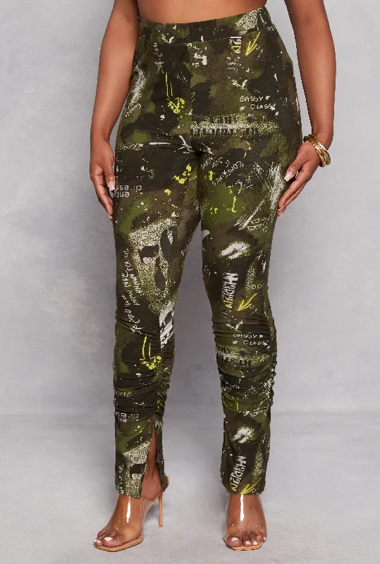 Plus Size Printed High Waisted Split Hem Pants