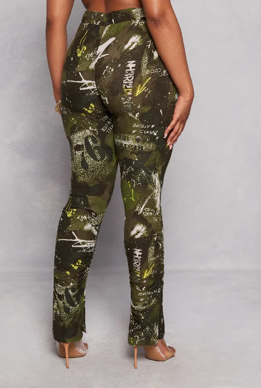 Plus Size Printed High Waisted Split Hem Pants