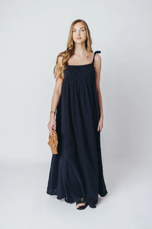 Almeria Smocked Maxi Dress with Self-Tie Straps in Black - Bump Friendly