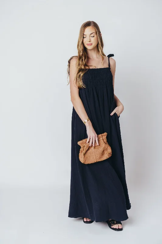 Almeria Smocked Maxi Dress with Self-Tie Straps in Black - Bump Friendly