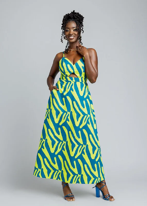 Anjiola Women's African Print Maxi Dress (Lime Zebra Abstract)