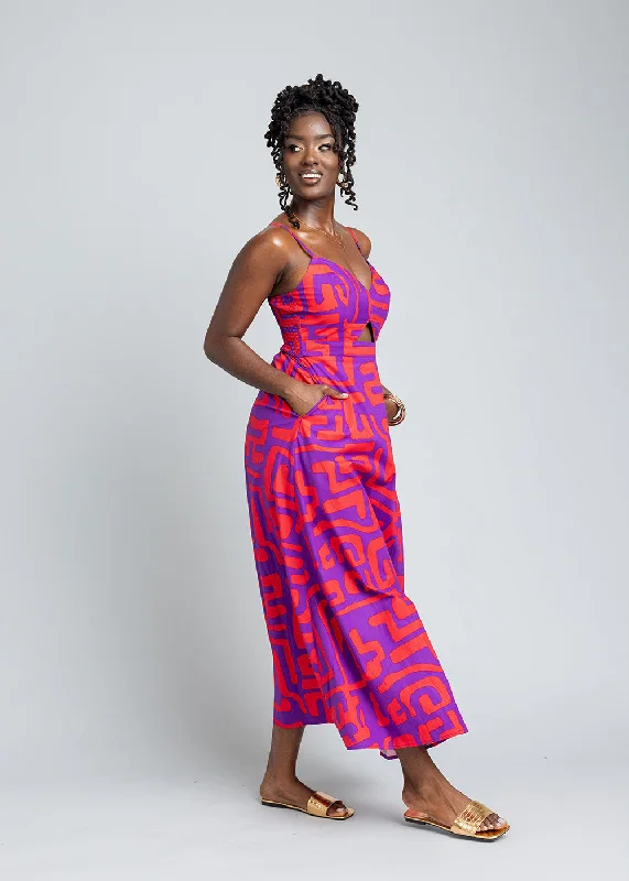 Anjiola Women's African Print Maxi Dress (Purple Red Geometric)