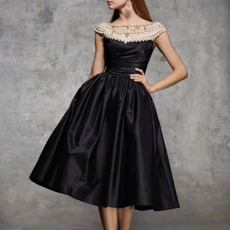 Black Satin Pearl Crystals Boat Neck  Evening Sleeveless  Party  Ball Gown Midi Dress