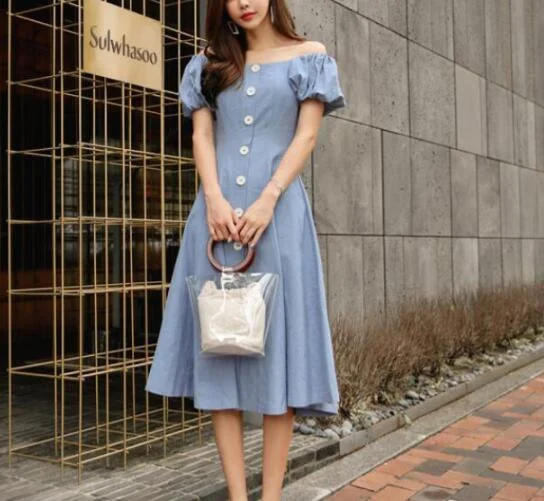 Blue Wide Neck Puff Sleeve Slim A-line Party Dress