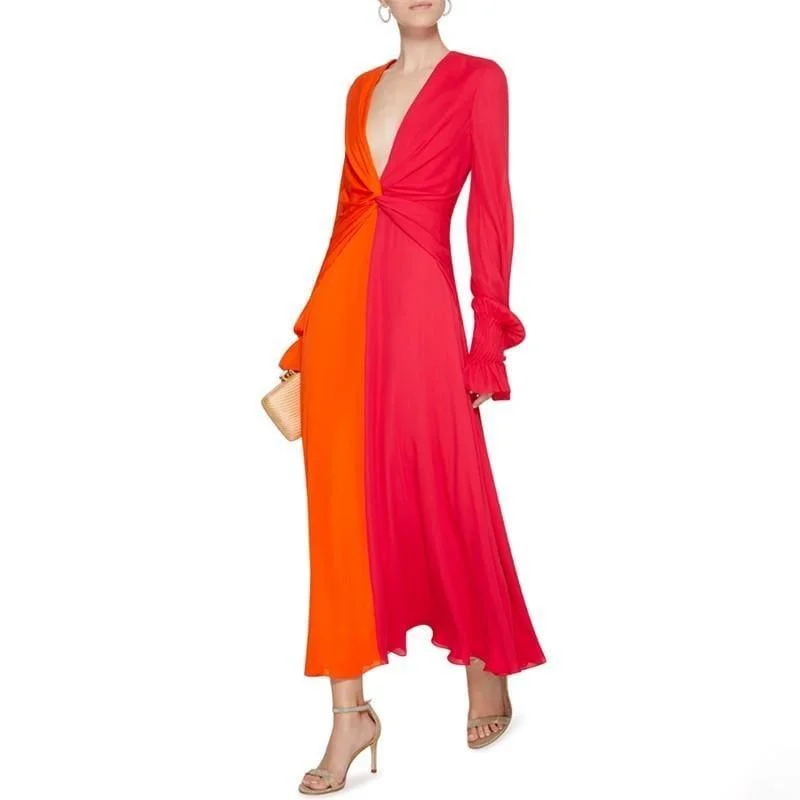 Colorblock Patchwork  V Neck Lantern Sleeve High Waist Cross Ankle Maxi Dress