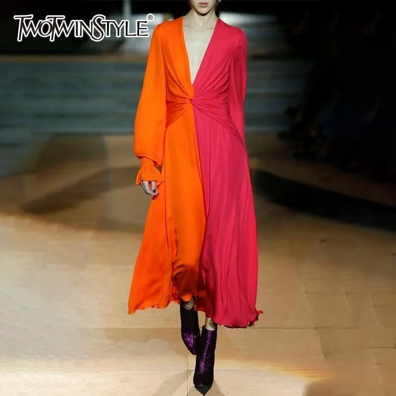 Colorblock Patchwork  V Neck Lantern Sleeve High Waist Cross Ankle Maxi Dress