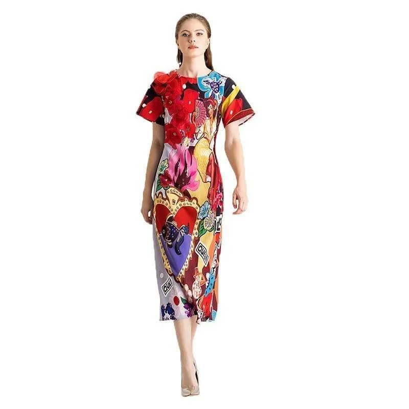 Colorful Spring & Summer O-Neck Leopard Appliques Floral Casual Elegant Midi Dress