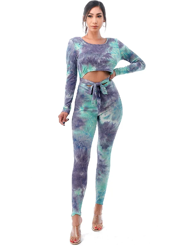 Women Sexy Tie Dye Rib Knit Front Tie Bodycon Jumpsuit Romper (FWR1164)