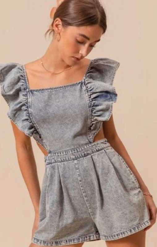 Cut Out Denim Ruffle Romper