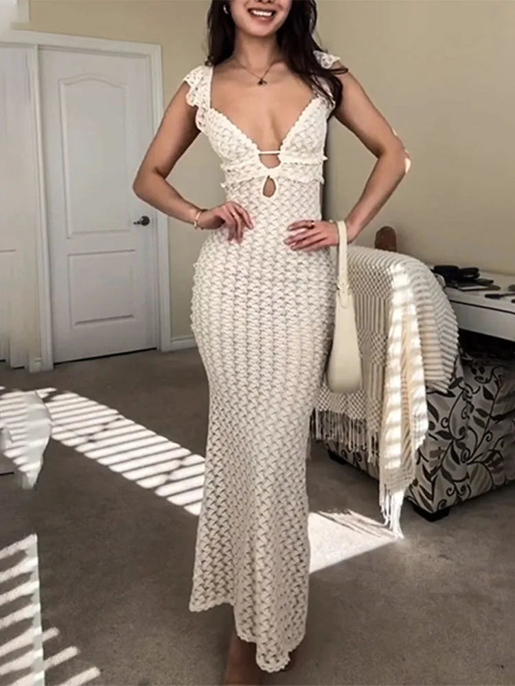 Deep V Neck Sexy Dresses Women Sleeveless High Waist Knitted Beach Maxi Dress