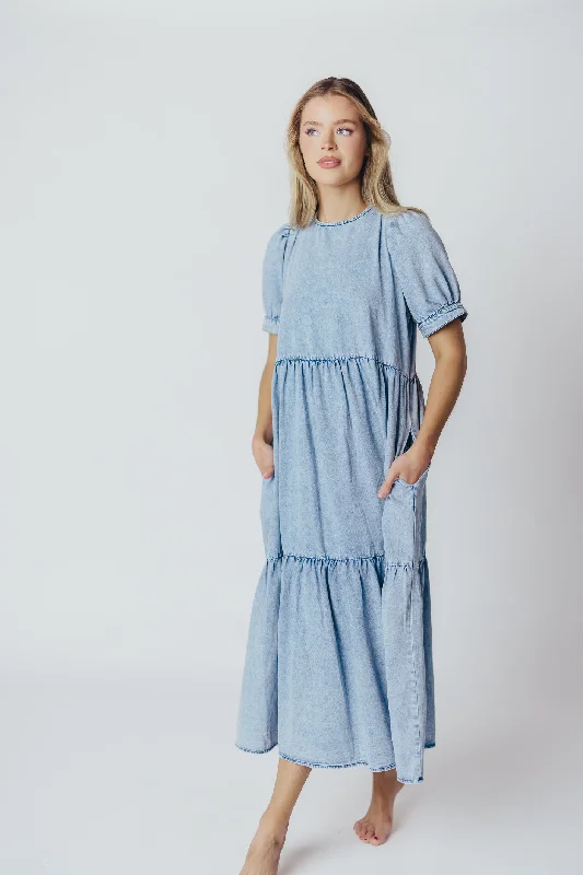 Margo Tiered Midi Dress in Acid Wash Denim