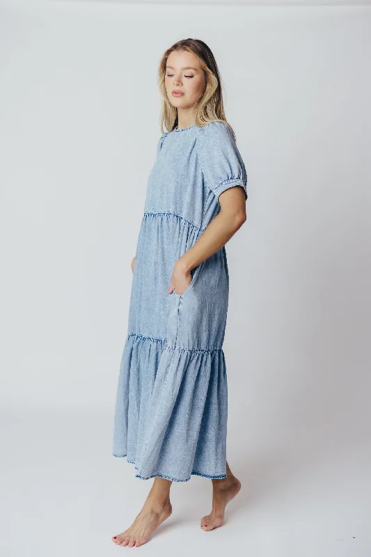 Margo Tiered Midi Dress in Acid Wash Denim