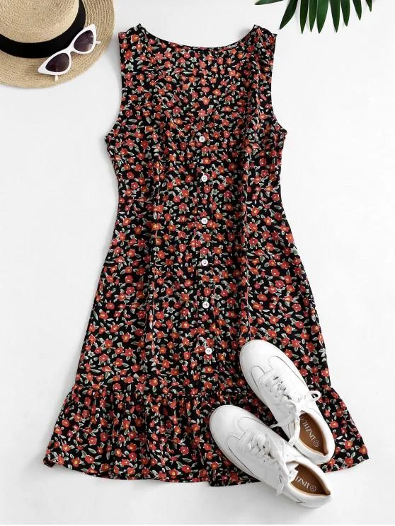 Ditsy Floral Plunging Flounce Button Front Dress