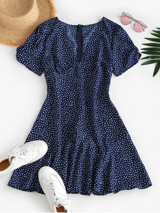 Ditsy Print Plunging A Line Tea Dress