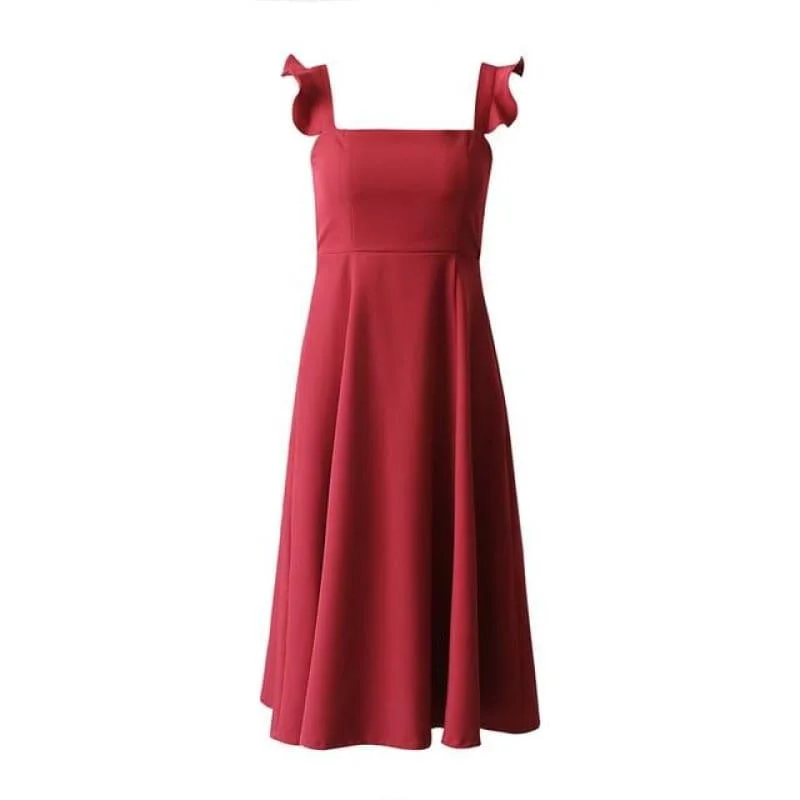 Elegant  Dress Petal Sleeves Square Neck High Waist A Line Draped Dress Midi Dress