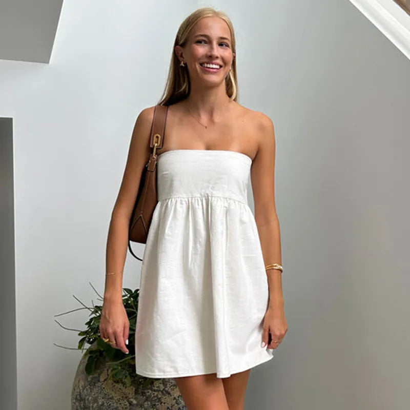 Elegant Solid Strapless Sleeveless Beach Vacation Off Shoulder Short Mini Dress