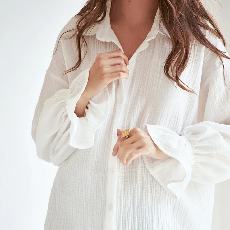 Flared Long Sleeves Pure Cotton White Shirt