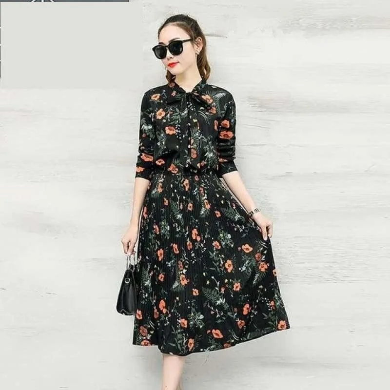 Floral Chiffon Long Sleeve Elegant Pleated Midi Dress