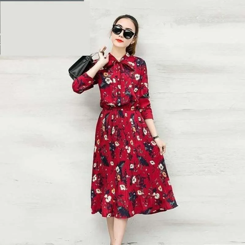 Floral Chiffon Long Sleeve Elegant Pleated Midi Dress