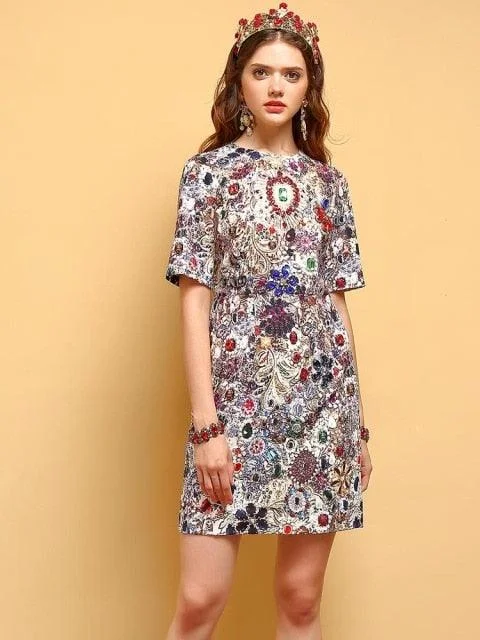 Gorgeous Crystal Beading Printed Elegant Vintage Mini Dress