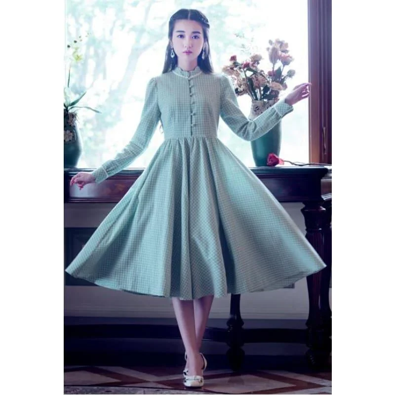 Green Vintage Retro High Collar Plaid Long Sleeve Cotton Linen Midi Dress