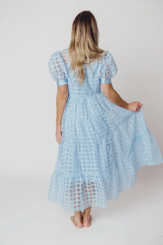 Maude Organza Tiered Maxi Dress with Grid Pattern in Powder Blue