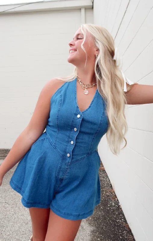 Halter Neck Denim Romper