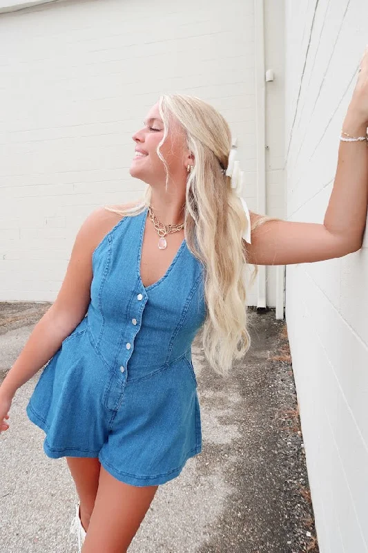 Halter Neck Denim Romper