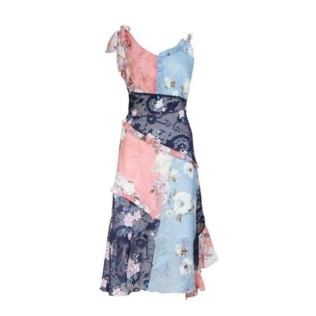 Irregular Floral Print High Waist Off Shoulder Sleeveless Dress