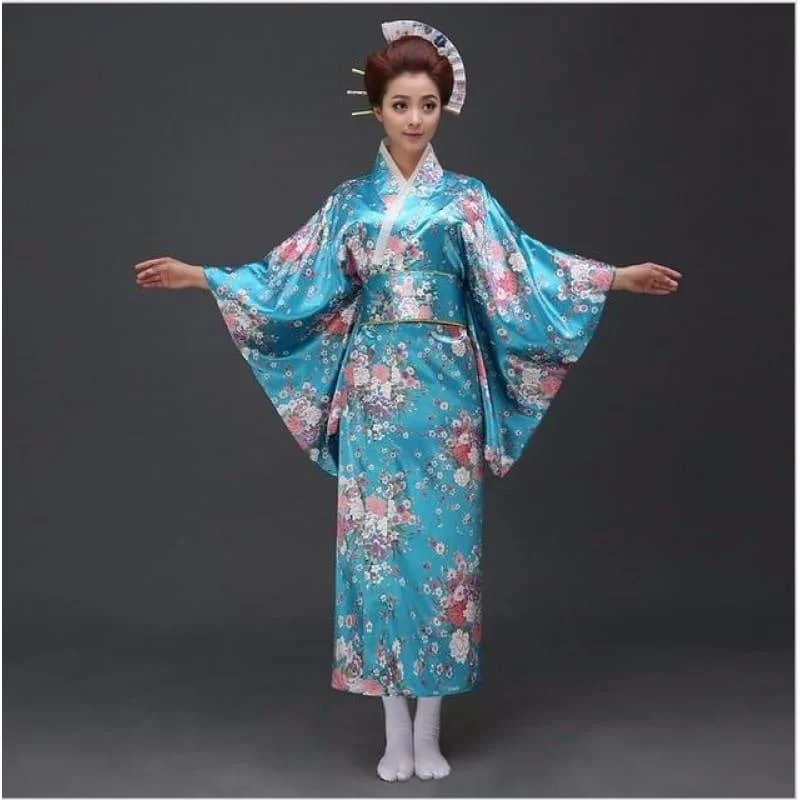 Japanese Traditioinal Satin Kimono Classic Dress Floral One Size Midi Dress