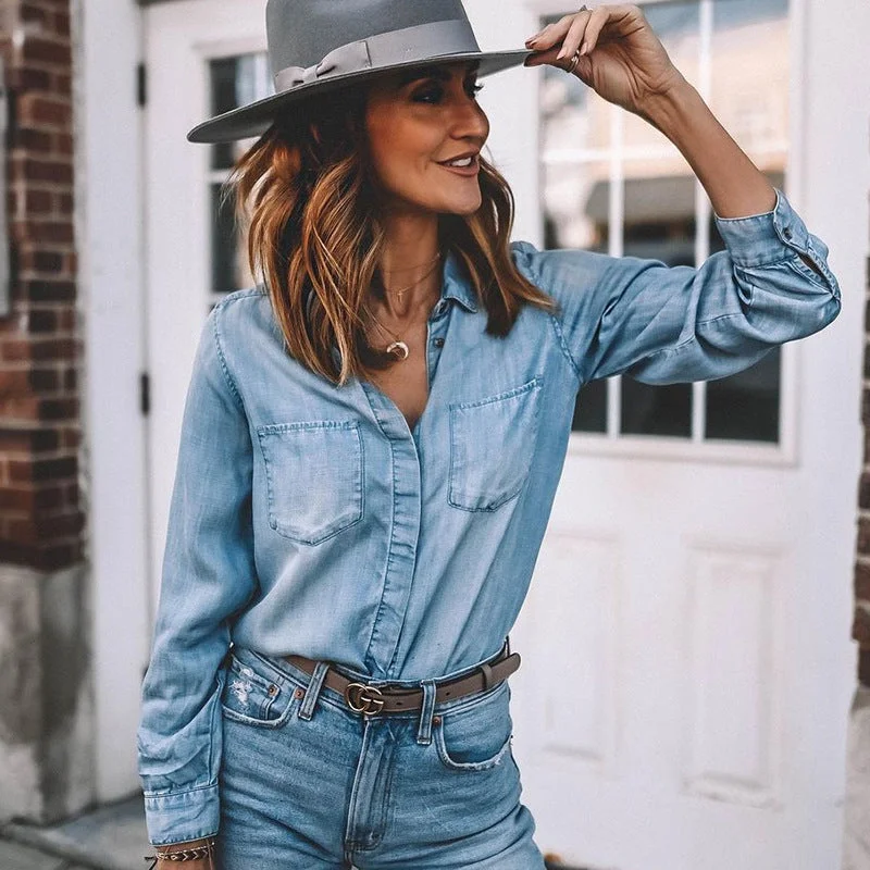 Lapel Denim Shirt Washed Retro Slim Top