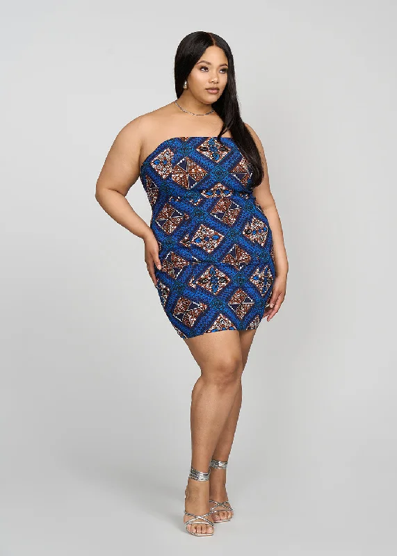 Malaika Women's African Print Stretch Dress (Blue Tan Diamonds)