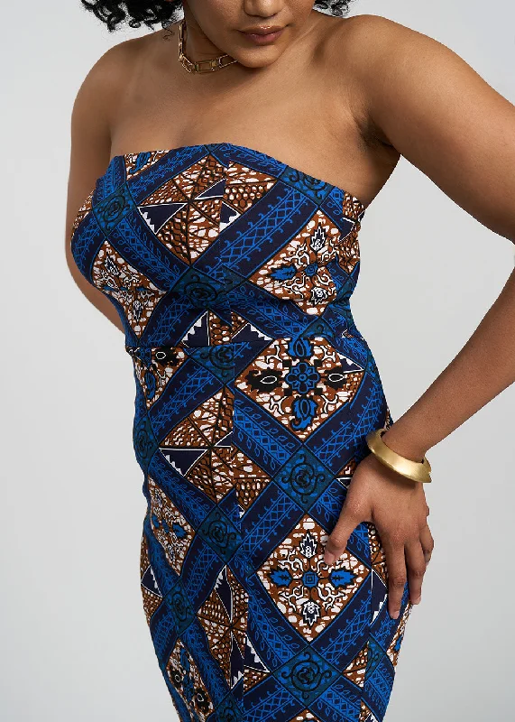 Malaika Women's African Print Stretch Dress (Blue Tan Diamonds)