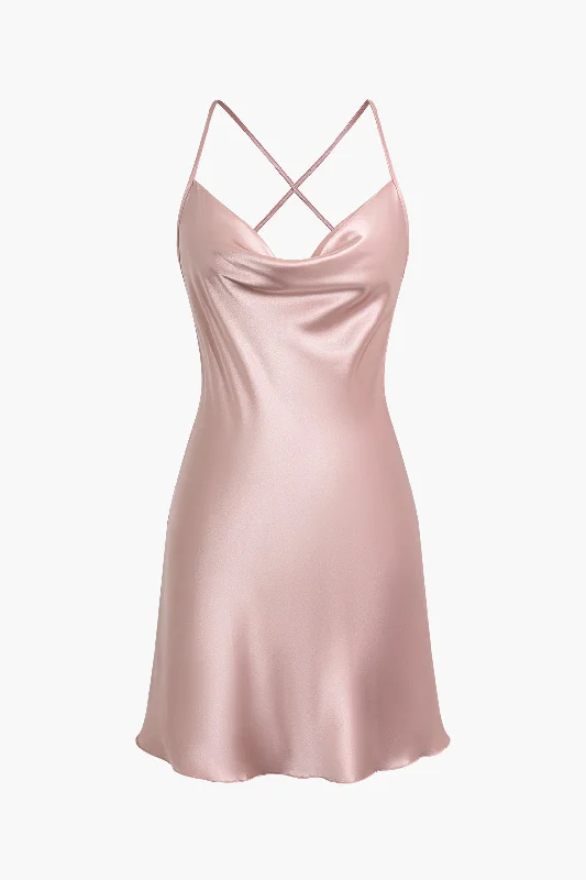 Crisscross Satin Backless Cowl Neck Slip Dress Sleepwear