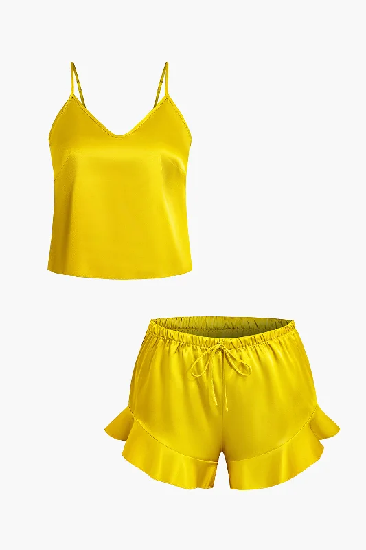 Satin Cami Top And Ruffle Hem Shorts Sleepwear Set