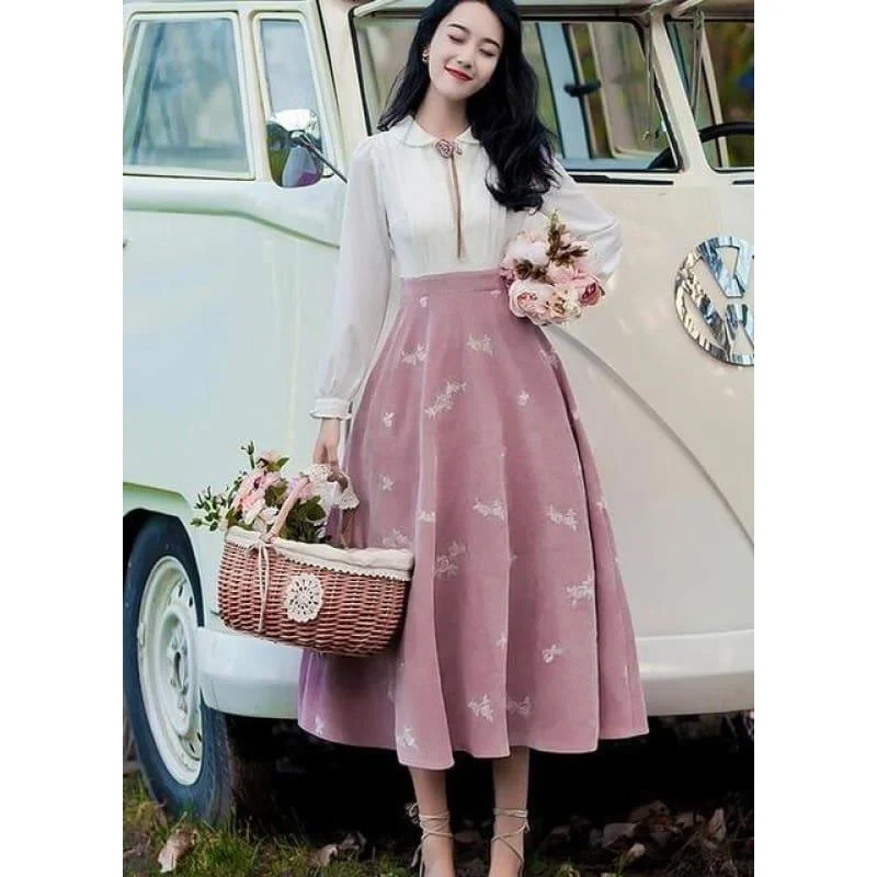 New Retro Peter Pan Collar Flower Embroidery Long Sleeve Midi Dress