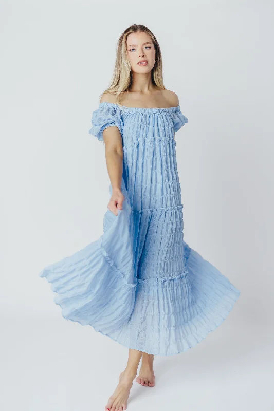 Kendall On and Off the Shoulder Maxi Dress with Ruffled Tiers in Blue