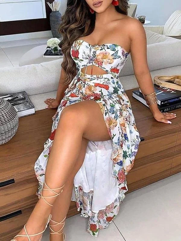 Overall Print Off-Shoulder Ruffled Hem Slit Midi Dress