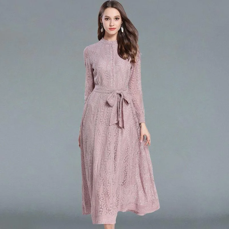 Pink A-line Vintage Belted  Lace Maxi Dress