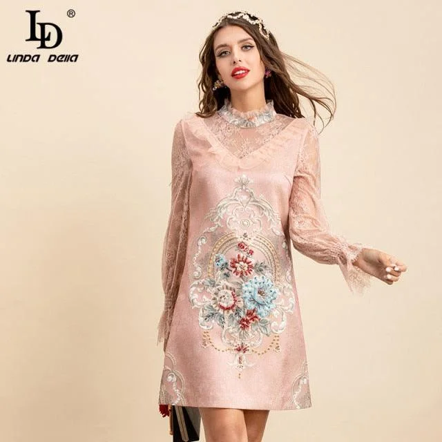 Pink Jacquard Vintage Long sleeve Gorgeous Beading Floral  Mini Dress