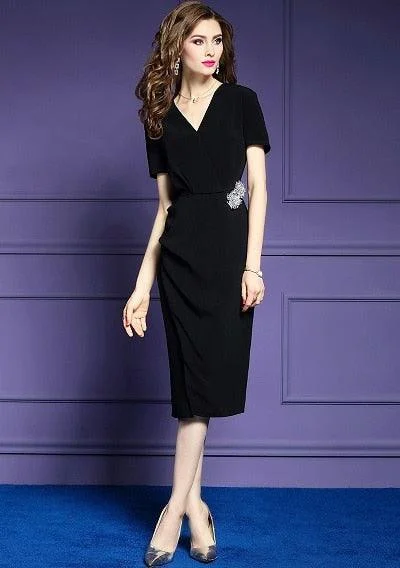 Pleated Short Sleeve Vintage Career Business Midi Dress