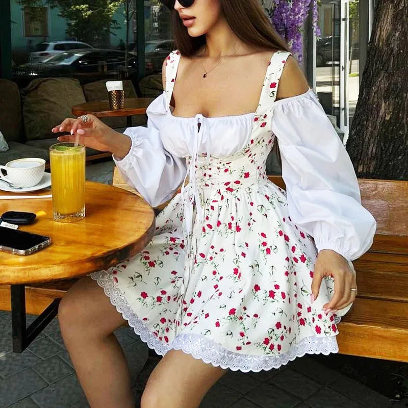 Puff Sleeve Suspender Dress Women Ruffles Splice Lace Up Party Mini Dress