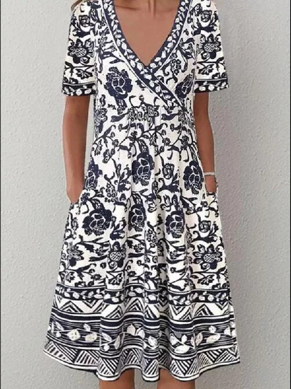 Retro Print V-neck Long Dress