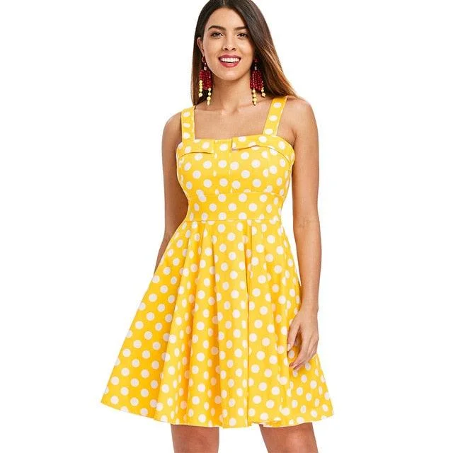 Retro Yellow Polka Dot Print Pleated Vintage Plus Size Party Dress