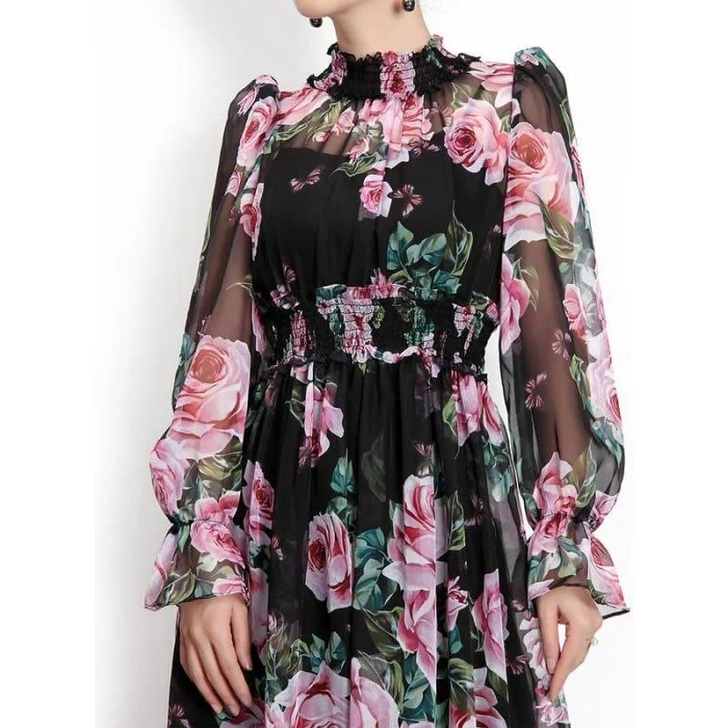 Romantic Rose Print Spring Elegant Turtleneck Waist Elastic Maxi Dress