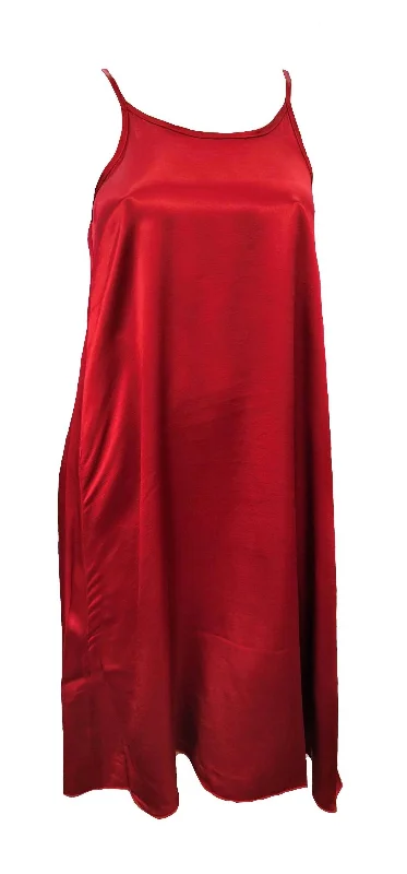 Ruby Satin Knee Length Gown With Spaghetti Straps & Gathered Back