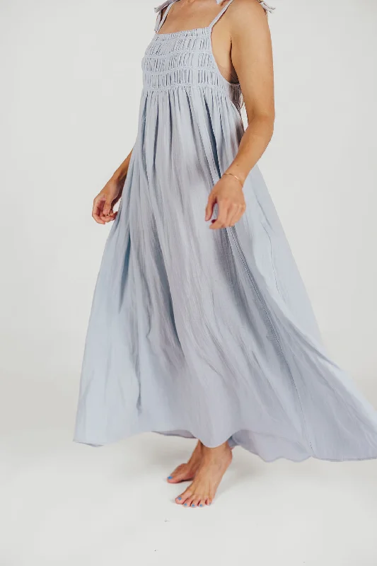 100% Cotton Almeria Smocked Maxi Dress with Self-Tie Straps in Light Blue - Bump Friendly